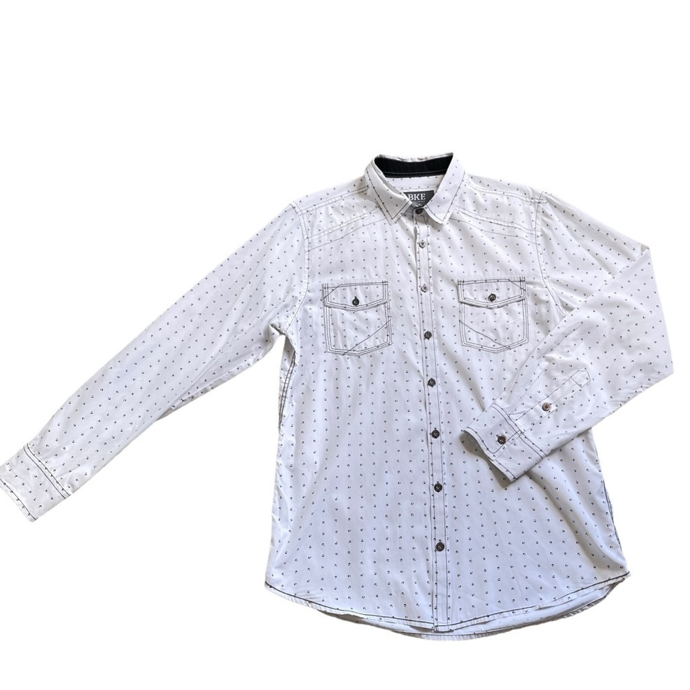 BKE Standart Fit Button Up Shirt Men’s Size L Long Sleeves White Black Western